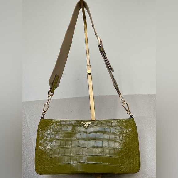 Prada Handbags - PRADA Olive Green Crocodile Embossed Leather Clutch/shoulder bag